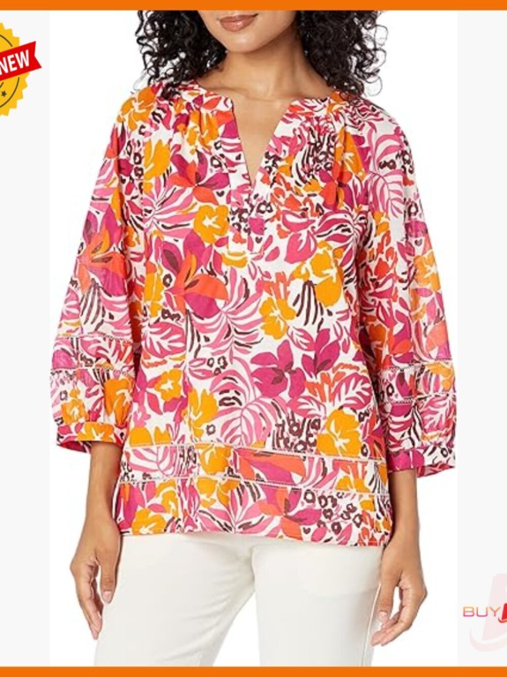 Relaxed Cotton Blouse with V-Neck and Contrast Stitching